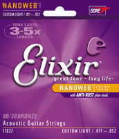 Elixir 80/20 Bronze Nanoweb Coated Acoustic Guitar Strings, Custom Light (11 - 5...