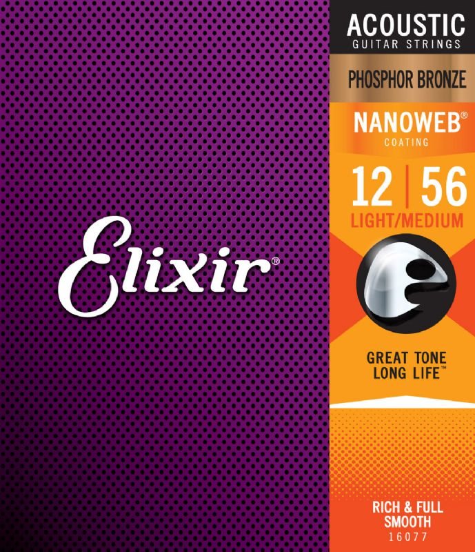 Elixir 16077 Phosphor Bronze Acoustic Guitar Strings with NANOWEB. Light Medium 12-56