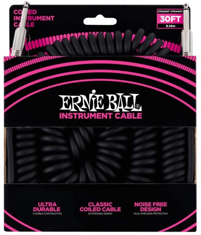 Ernie Ball Coiled Instrument Cable, Straight/Straight, 30ft, Black