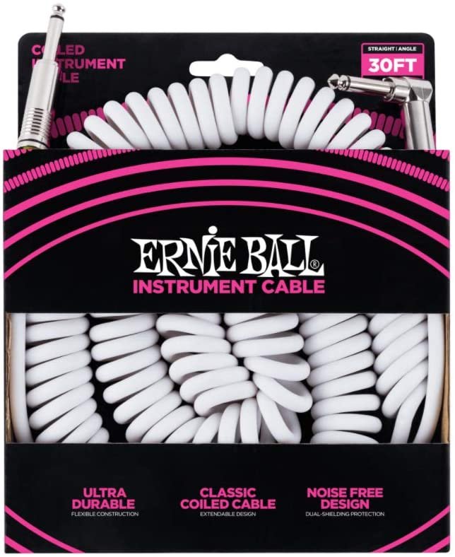 Ernie Ball Coiled Instrument Cable, Straight/Angle , 30ft, White