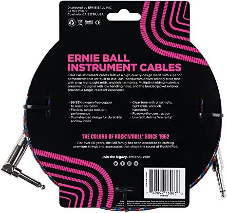 Ernie Ball Braided Instrument Cable, Straight/Angle, 25ft, Red/White/Blue/Black