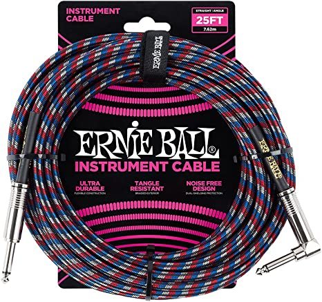 Ernie Ball Braided Instrument Cable, Straight/Angle, 25ft, Red/White/Blue/Black