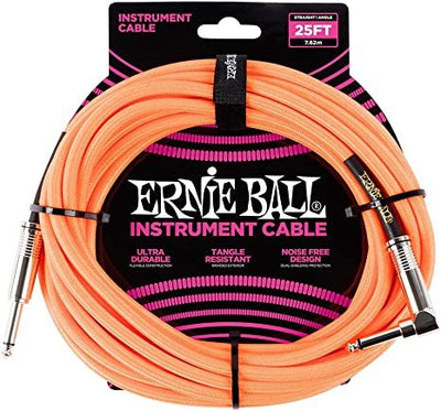 Ernie Ball Braided Instrument Cable, Straight/Angle, 25ft, Neon Orange