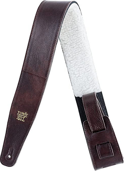 Ernie Ball Italian Leather with Fur Padding Guitar Strap, Chestnut