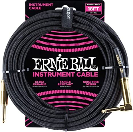 Ernie Ball P06086 Braided Straight to Right Angle Instrument Cable- 18 foot Black