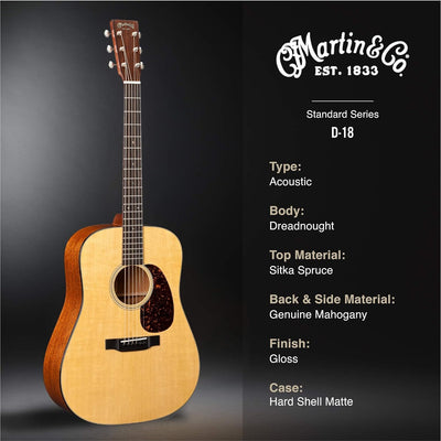 Martin D-18 Natural Dreadnought Standard Series Acoustic Guitar with Molded HardShell 10D18