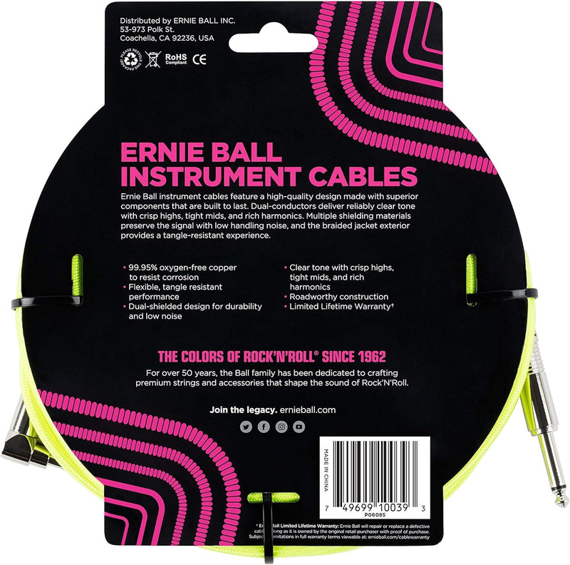 Ernie Ball Braided Instrument Cable 18 Ft. Neon Yellow P06085