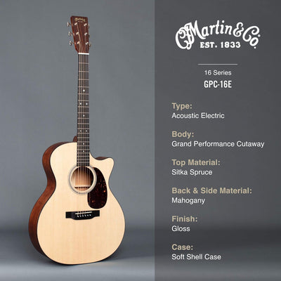 Martin Guitar GPC-16E Mahogany with Gig Bag, Acoustic-Electric Guitar, Mahogany and Sitka Spruce Construction, Gloss-Top Finish, GP-14 Fret