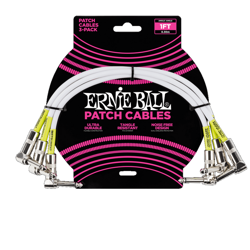 Ernie Ball CLASSIC PATCH CABLE ANGLE/ANGLE 1FT - WHITE - 3 PACK