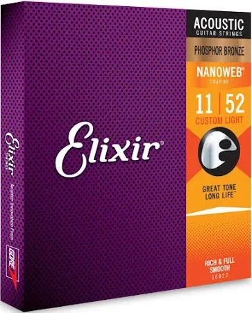 Elixir 16027 Phosphor Bronze Nanoweb Coated Acoustic Guitar Strings Custom Light 11-52