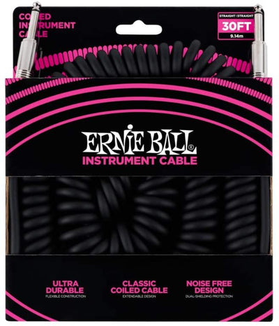 ernie ball coiled instrument cable, straight/straight, 30ft, black