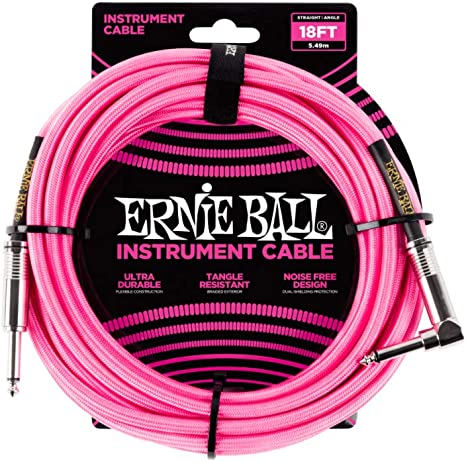 Ernie Ball Braided Instrument Cable, Straight/Angle, 18ft, Neon Pink