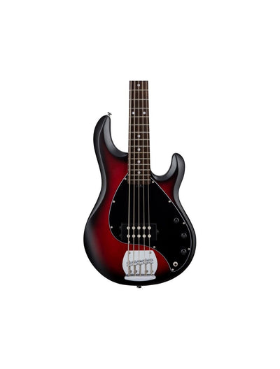 sterling by music man ray5-rrbs-r1 stingray5 in ruby red burst satin, 5-string