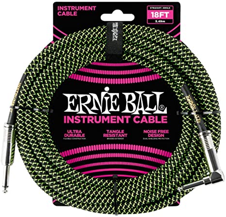 Ernie Ball Braided Instrument Cable, Straight/Angle, 18ft, Neon Green/Black