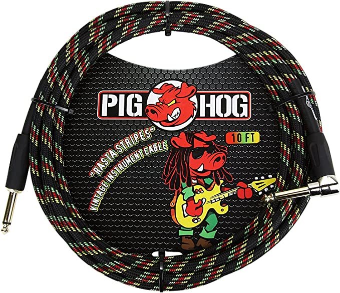 pig hog rasta stripes instrument cable, 10ft right angle