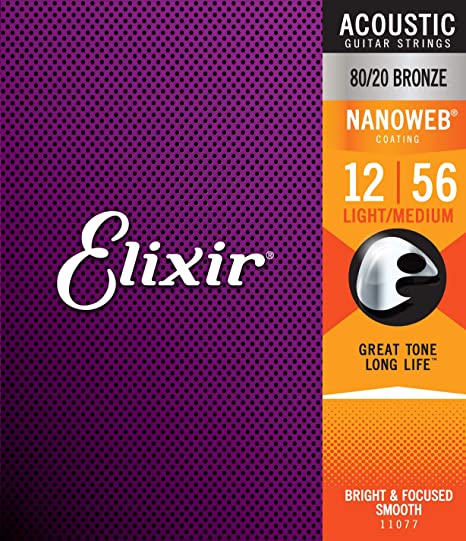 Elixir 80/20 Bronze Nanoweb Coated Acoustic Guitar Strings Light-Medium (12 - 56...